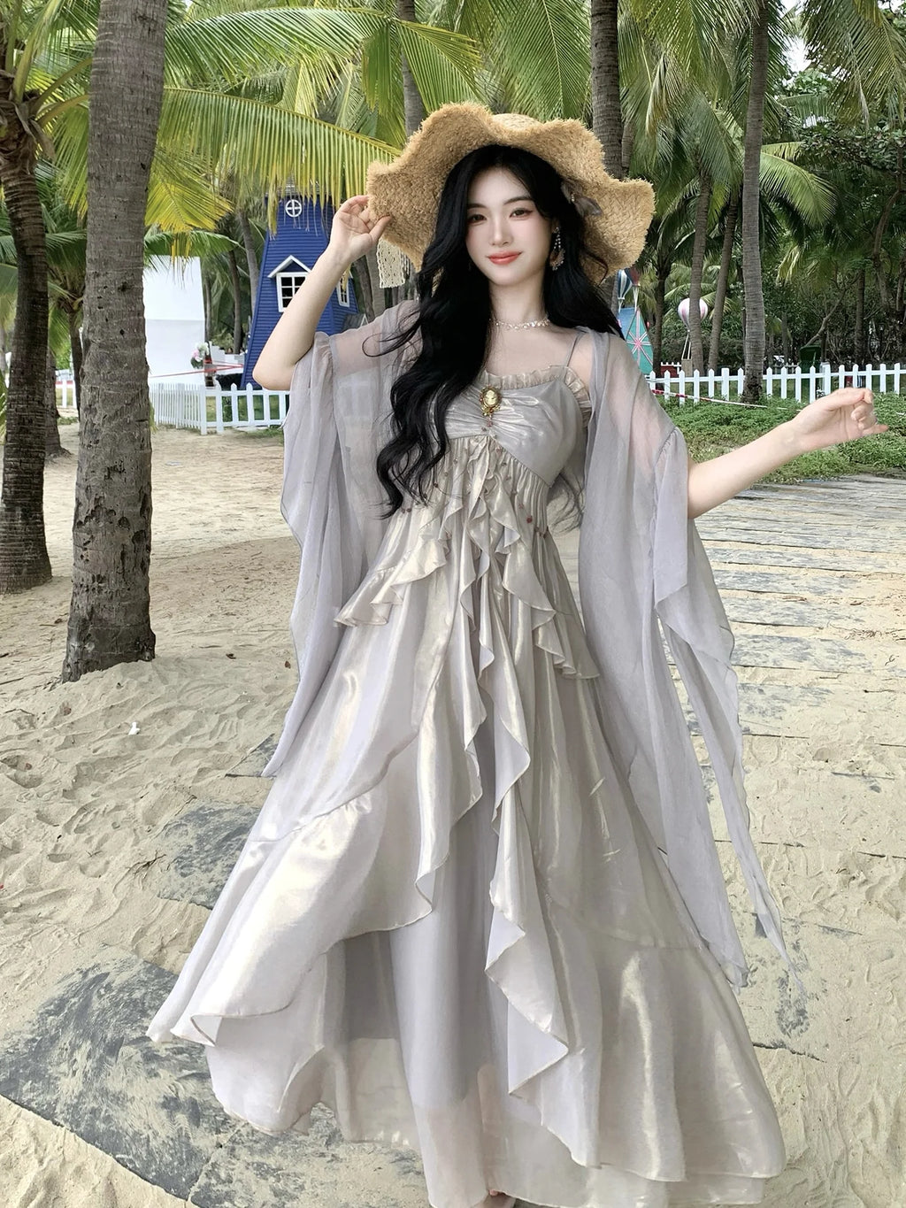 Vintage Brooch Elegance Ruffled Gown