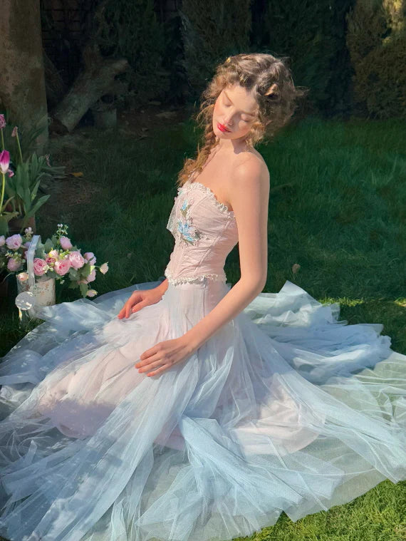 Pastel Bloom Embroidered Corset & Tulle Skirt