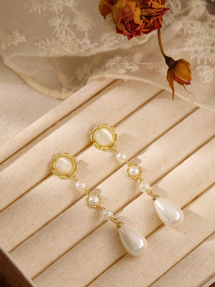 Golden Bloom Pearl Drop Earrings