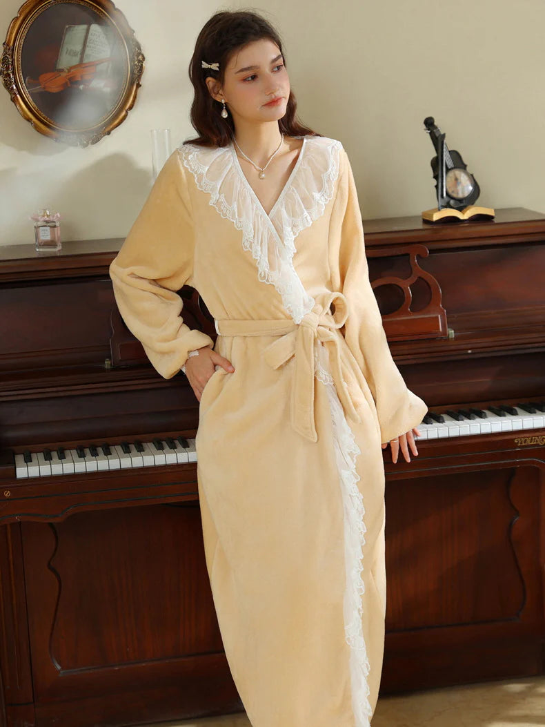 Velvet Lace-Trim Wrap Robe