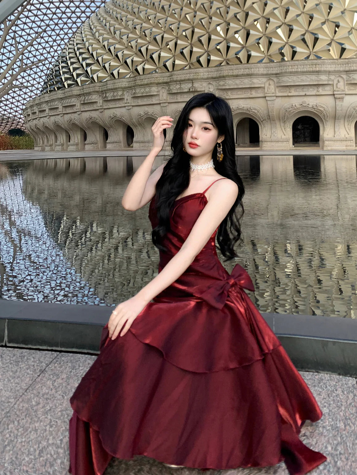 Crimson Elegance Mermaid Bow Dress