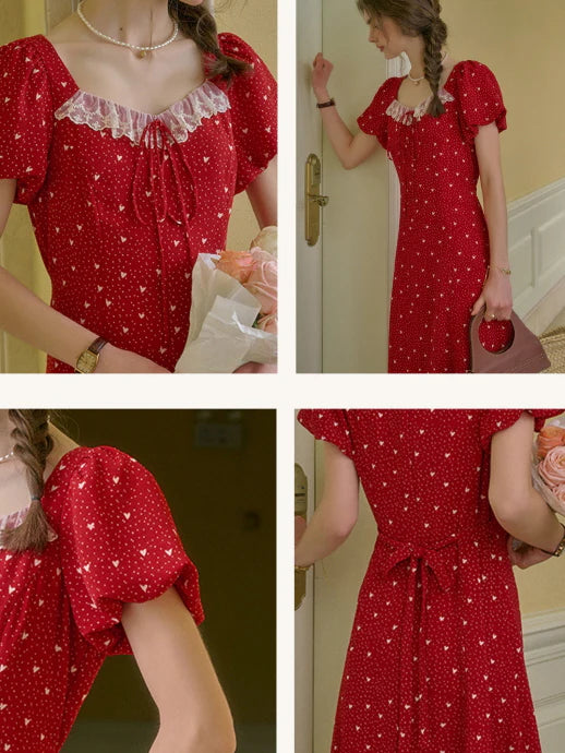 Lace Trim Retro Red Dress with Puff Sleeves