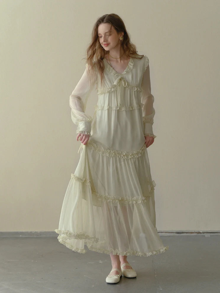 Soft Cream Ruffle Tiered Sheer Dress