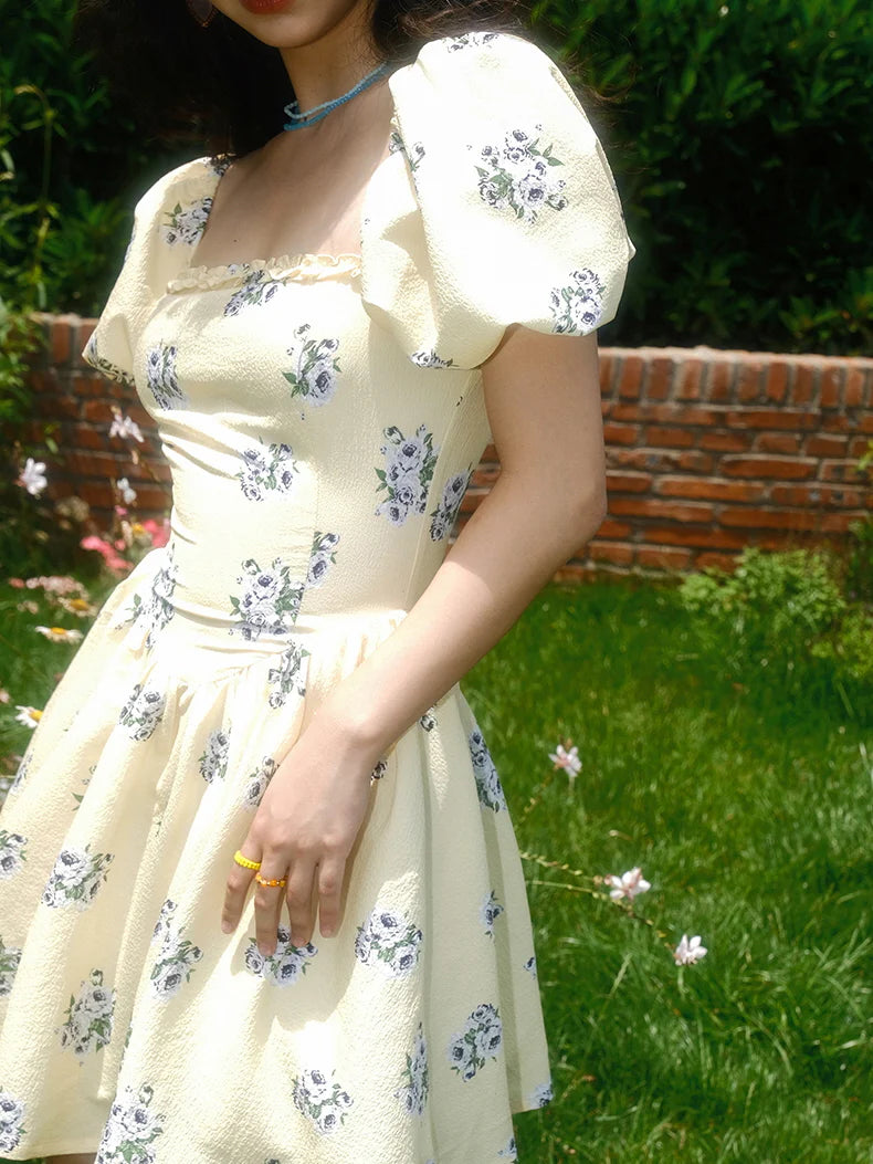 Sunlit Meadow Floral Puff-Sleeve Coquette Dress