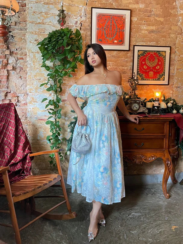 Pastel Garden Off-Shoulder Lace Dress