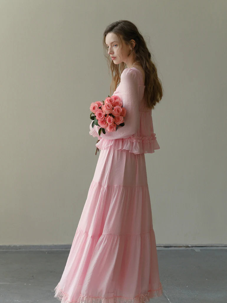 Rosy Frill Long Sleeve Top & Tiered Lace Skirt