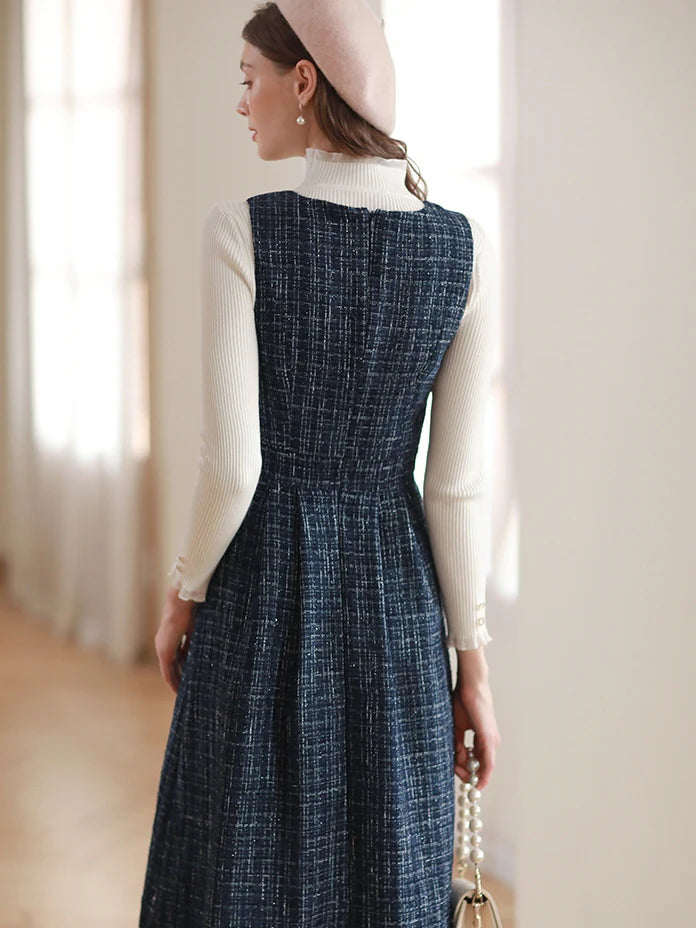 Navy Tweed Double-Breasted Dress