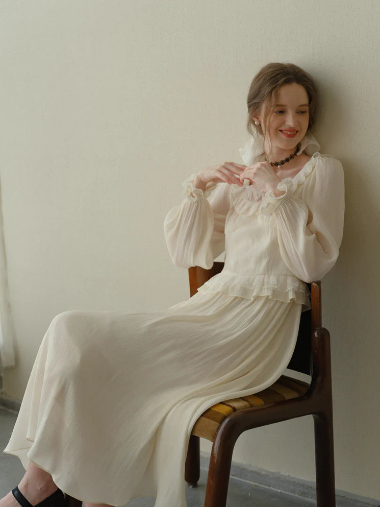 Poetic Cream Ruffle Lace Dress