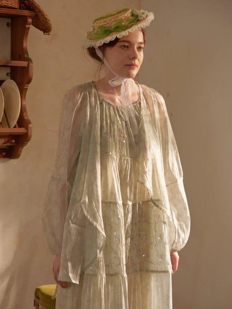 Pastel Green Floral Two-Piece Set – Sheer Cardigan & Tiered Dress