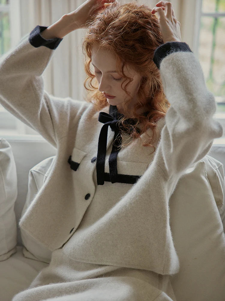 Elegant Wool Blend Ribbon Trim Knit Cardigan