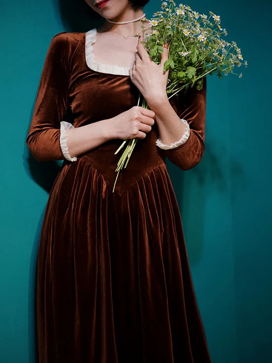 Ruffled Trim Royal Orange Velvet Vintage Dress