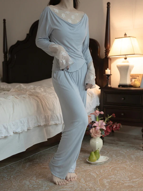 Blue Drape Rose Lace Loungewear