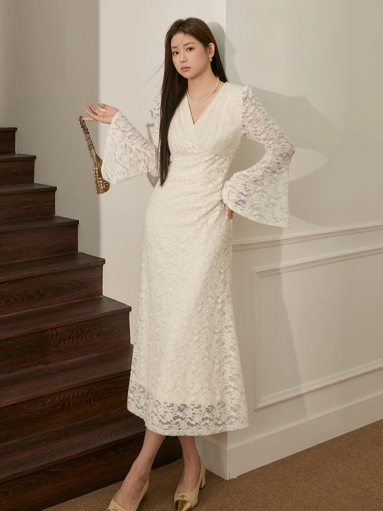 Romantic Ivory Lace Bell-Sleeve Dress