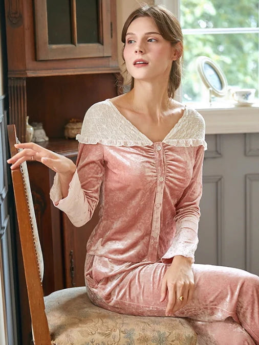 Blush Velvet Lace-Trim Pajama Set