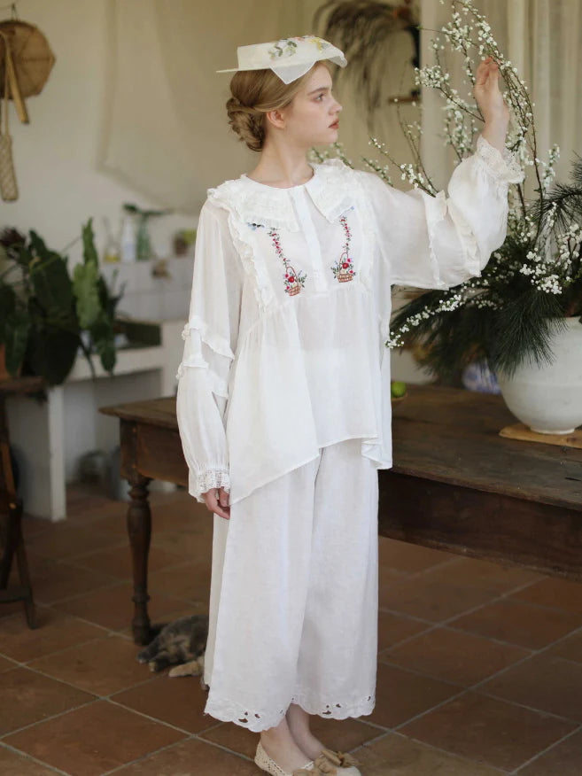 Flower Basket Embroidery Linen Blouse