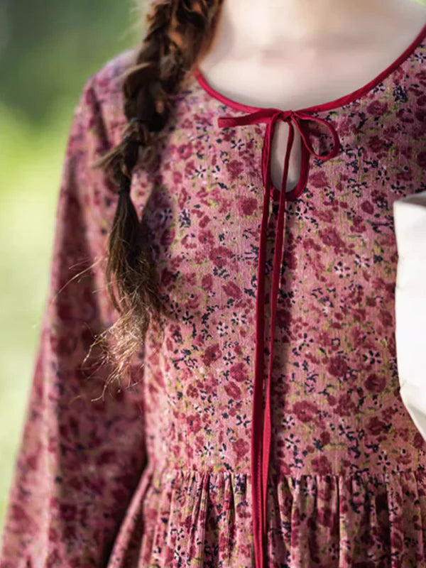 Pink Corduroy Floral Long Dress
