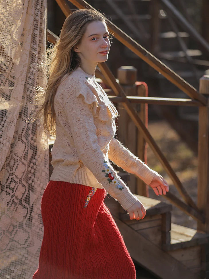 Floral Embroidered Ruffle Knit Sweater