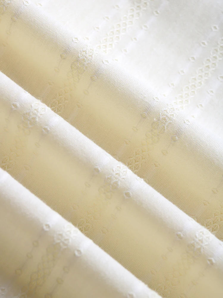 Floral Embroidery Ruffle Trim Cream Cotton Dress