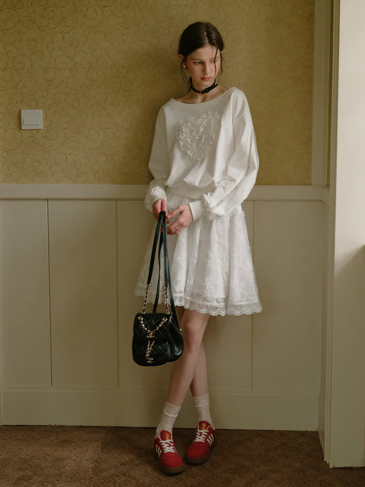 Coquette Lace Heart Off-Shoulder Sweatshirt