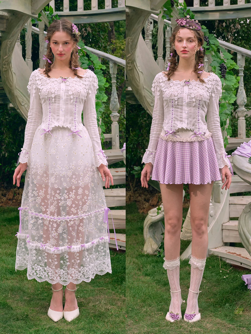 Lilac Ribbon Embroidered Lace Blouse