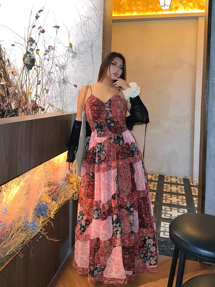 Rosy Patchwork Ruffle Maxi Dress