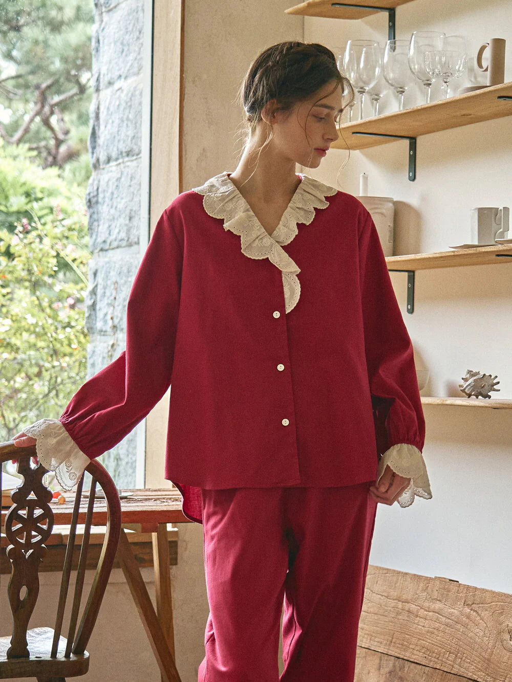 Autumn Romance Cotton Lace Pajama Set