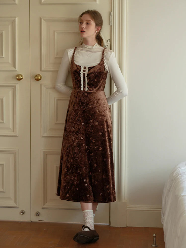 Butterfly Embossed Velvet Pinafore Dress
