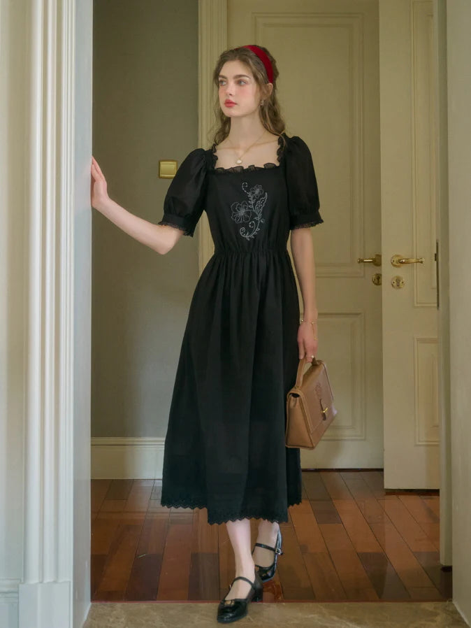 Noir Rose Embroidered Vintage Black Dress