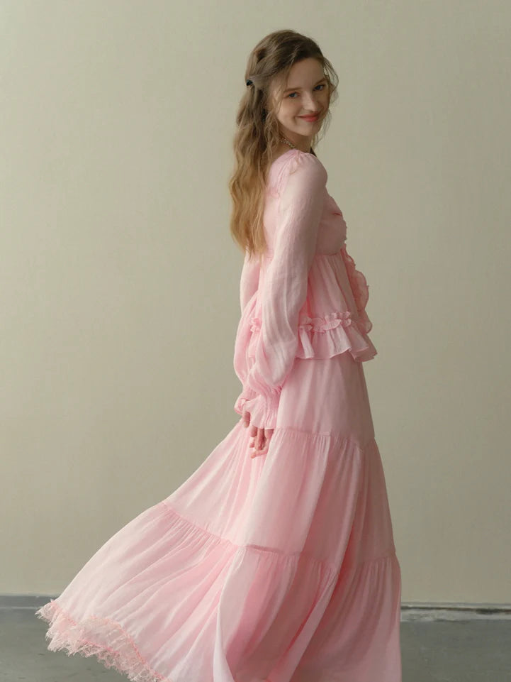 Rosy Frill Long Sleeve Top & Tiered Lace Skirt