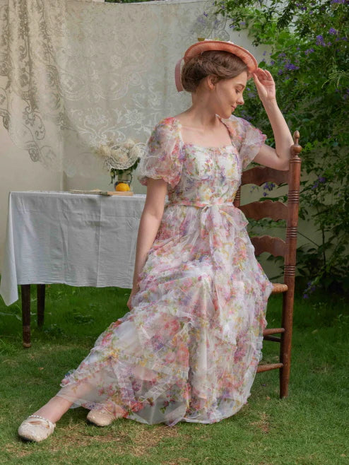 Blossom Whispers Ruffle Floral Puff Sleeve Dress