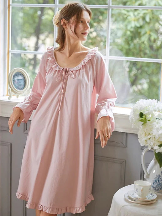 Blush Pink Ruffle-Trim Modal Cotton Nightgown
