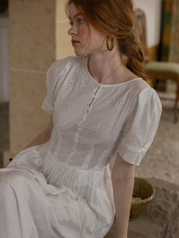 Cottagecore White Eyelet Lace Summer Dress