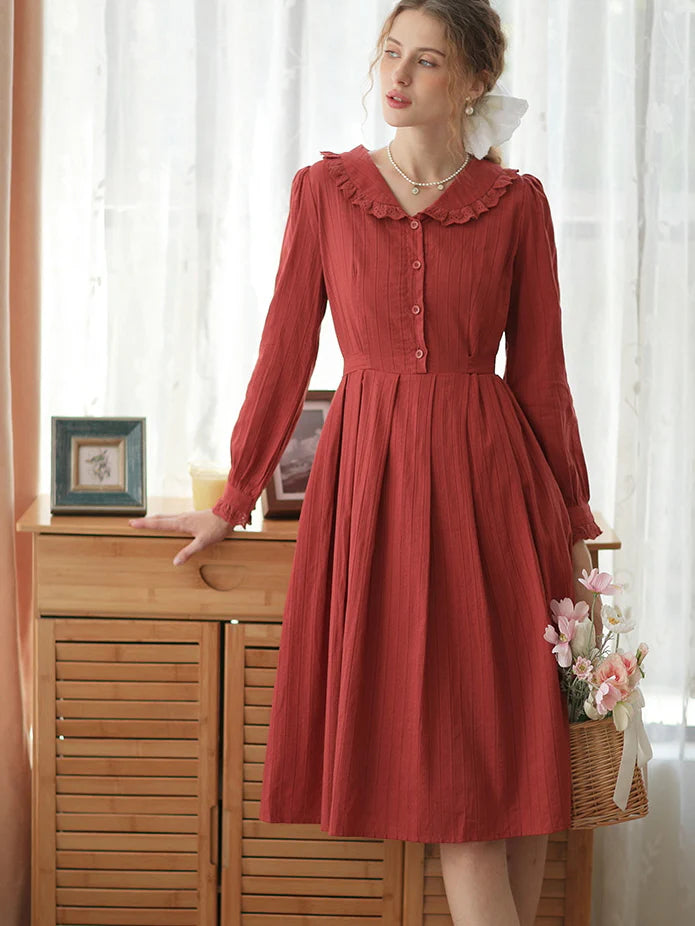 Lace-Trimmed Vintage Rust Cotton Dress
