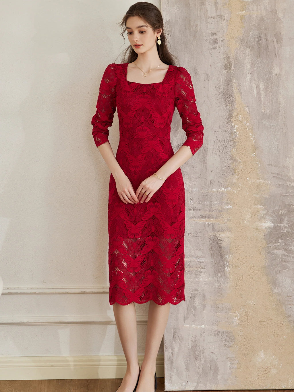 Scarlet Elegance Lace Midi Dress