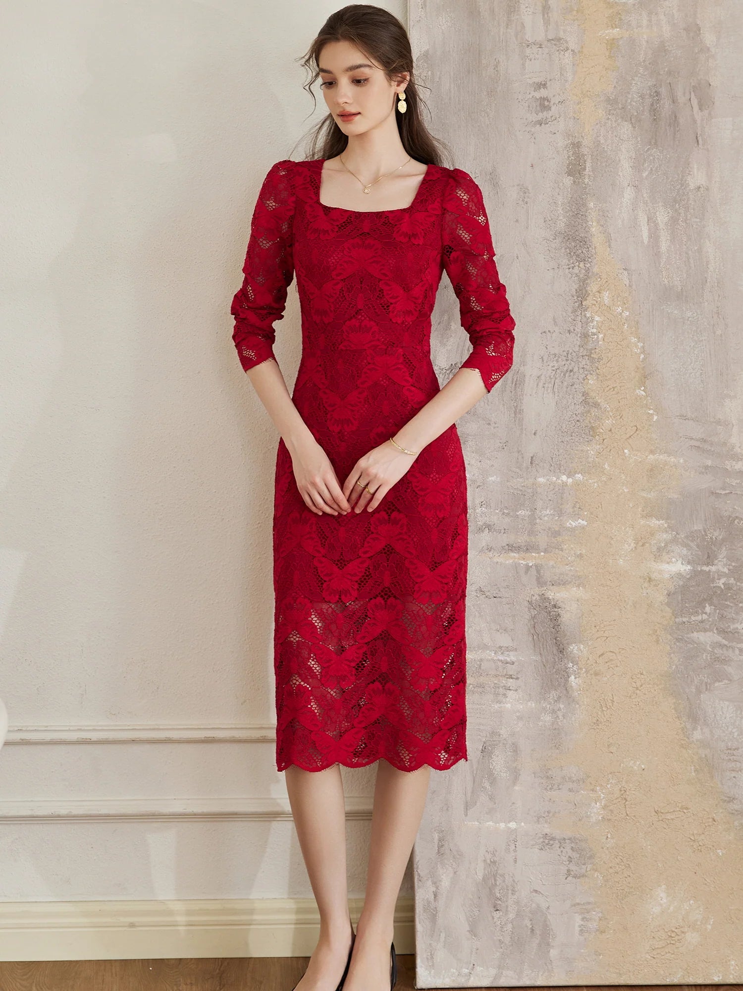 Scarlet Elegance Lace Midi Dress