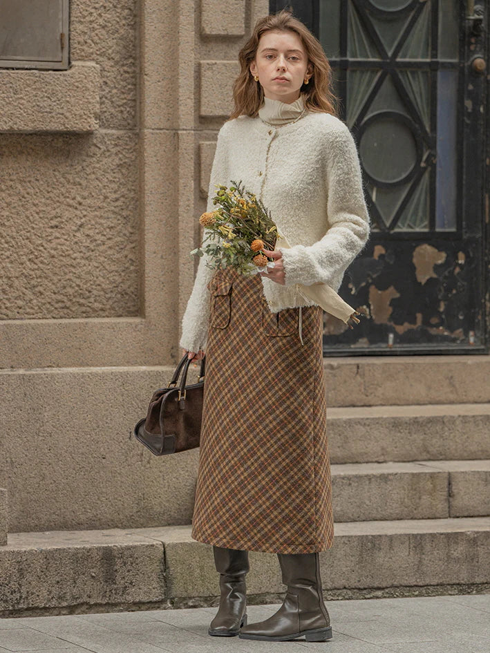 Rustic Plaid Wool Brown Checkered Skirt