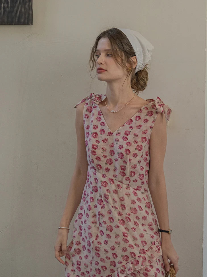 Romantic Rose Garden Ruffled Wrap Dress