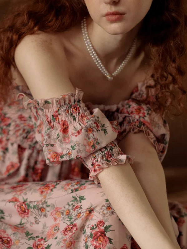 Vintage Pink Flower Off-Shoulder Dress
