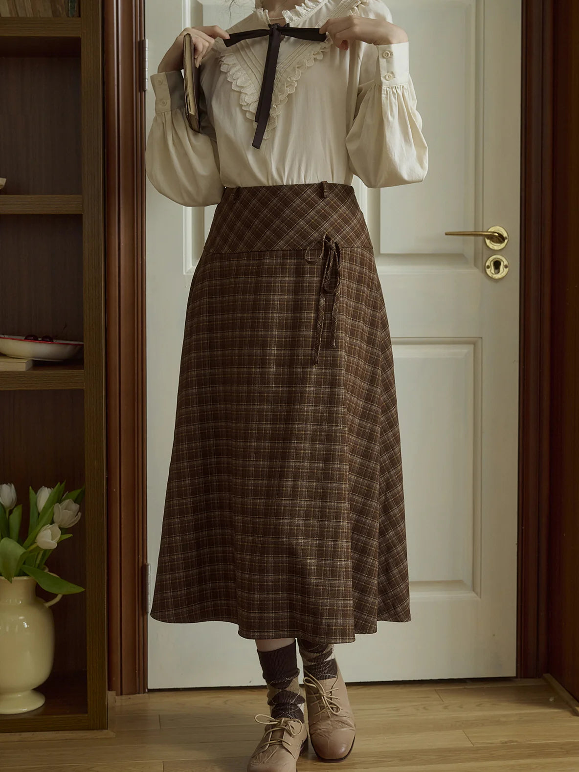 Brown Check Plaid Vintage Wrap Skirt