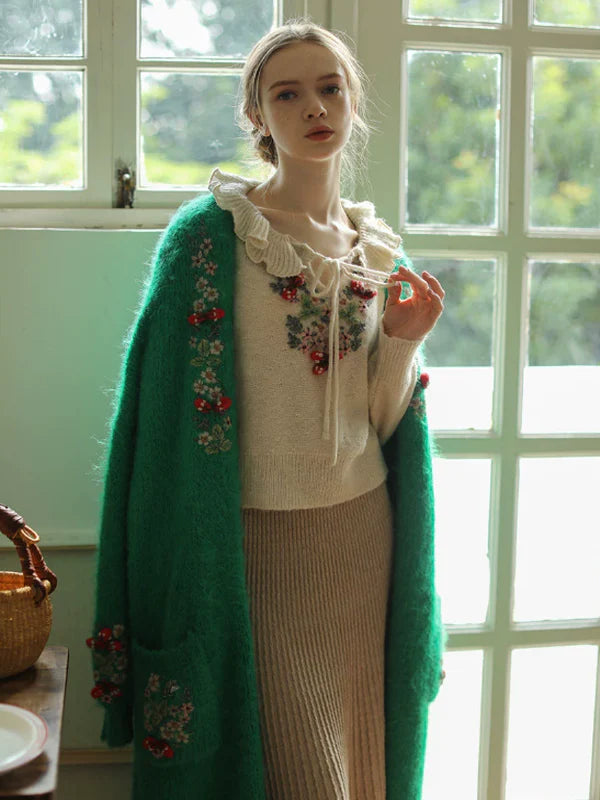 Frilled Collar Floral Embroidered Sweater