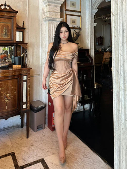 Champagne Satin Corset Mini Dress