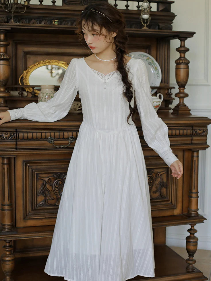 Victorian Elegance Long White Lace Dress