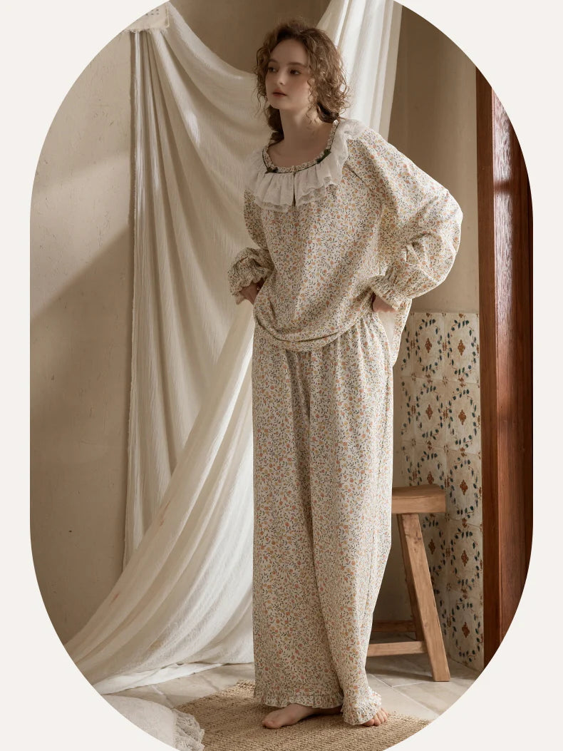 Vintage Floral Lace Collar Pajama Set