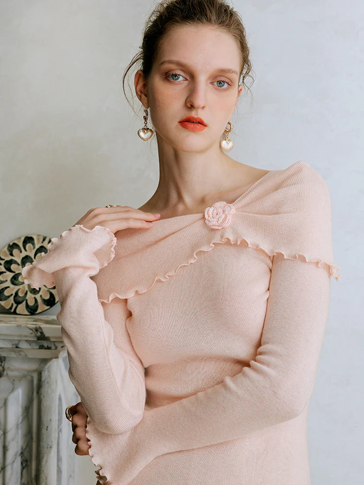 Rosette Charm Asymmetrical Knit Top