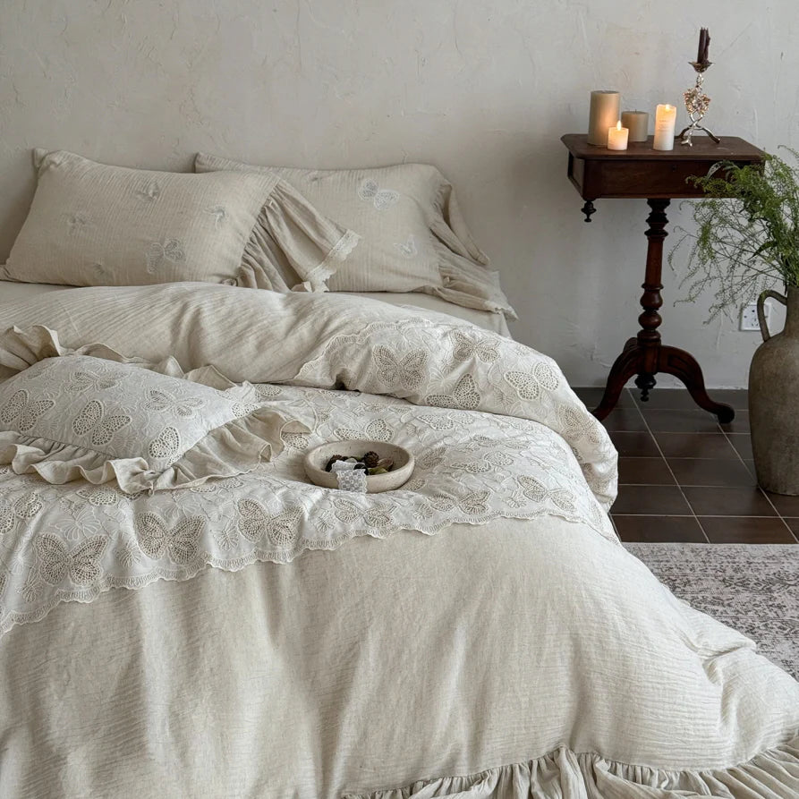 Ivory Butterfly Lace Ruffle Bedding Set