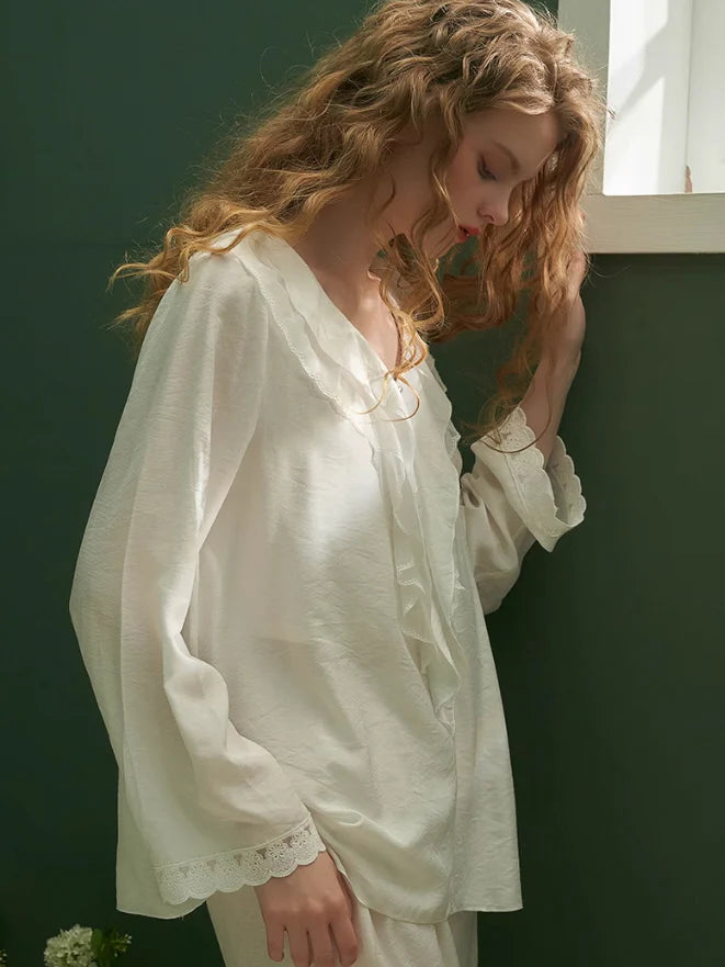 Elegant Ruffled Lace-Trim Pajama Set