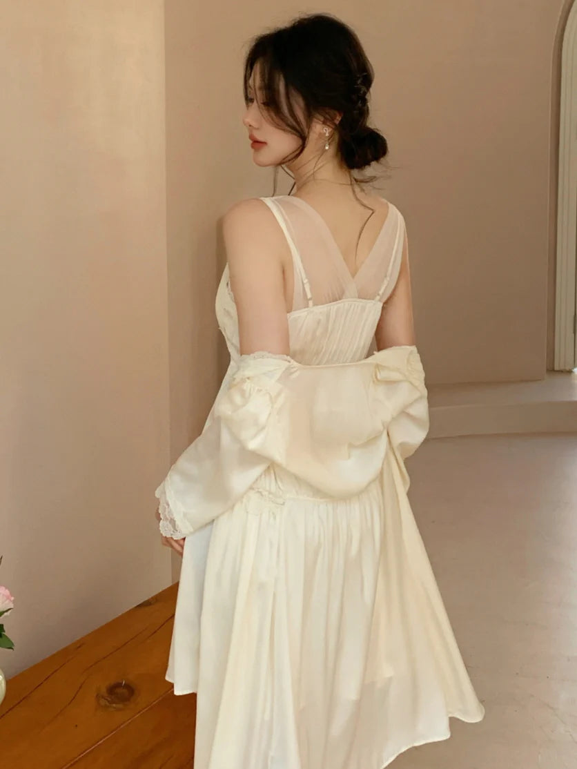 Ethereal Lace Cream Nightdress Set