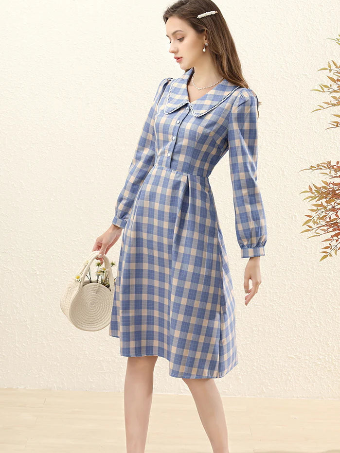 Vintage Blue Plaid Lace Trim Dress