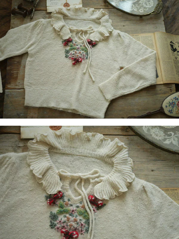Frilled Collar Floral Embroidered Sweater