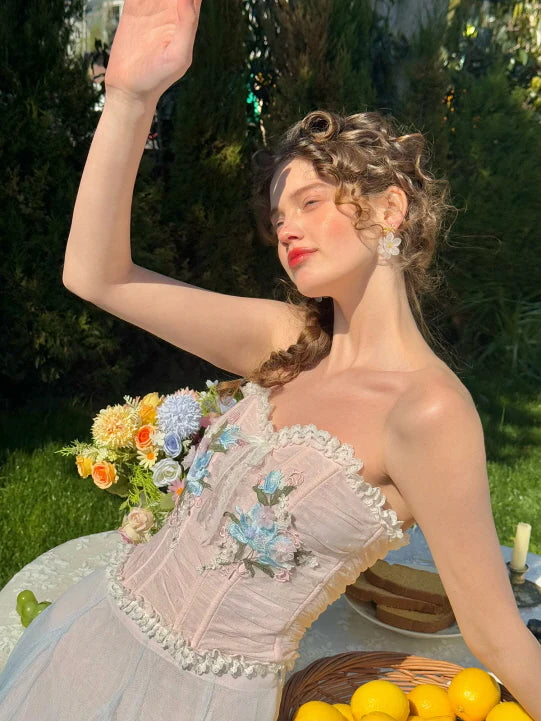 Pastel Bloom Embroidered Corset & Tulle Skirt